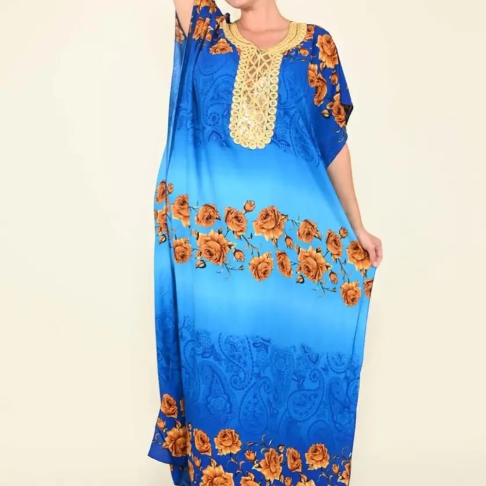 Blue Rose Pattern Kaftan With Neckline Embroidery - One Size Fits Most